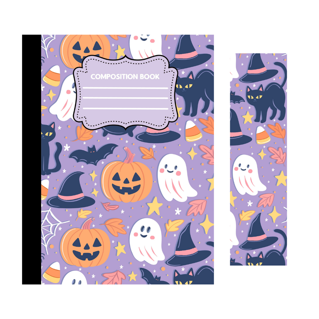Halloween Composition Notebook with Matching Bookmark | Ghosts, Witches, Candy Corn | Spooky Stationery Gift