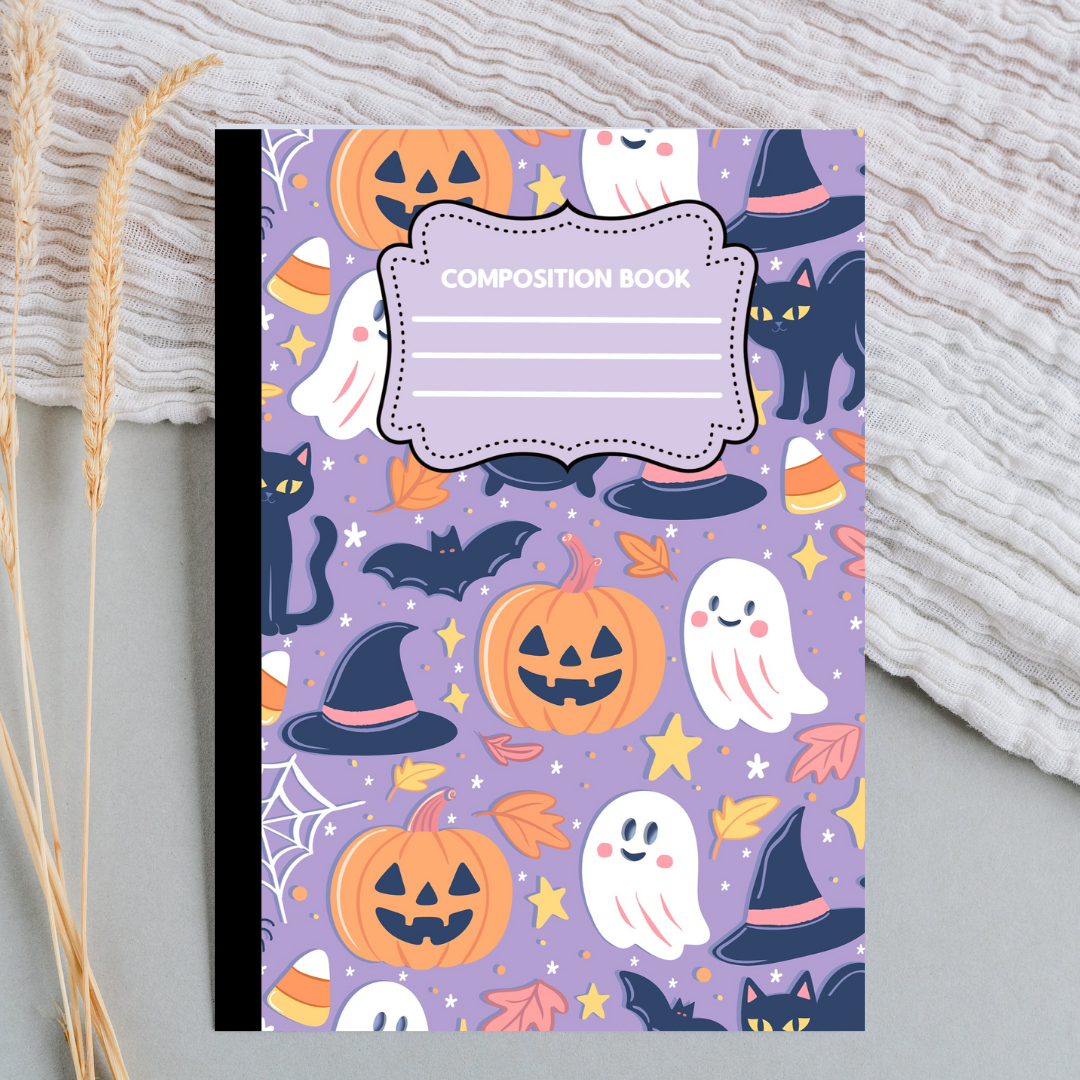 Halloween Composition Notebook with Matching Bookmark | Ghosts, Witches, Candy Corn | Spooky Stationery Gift