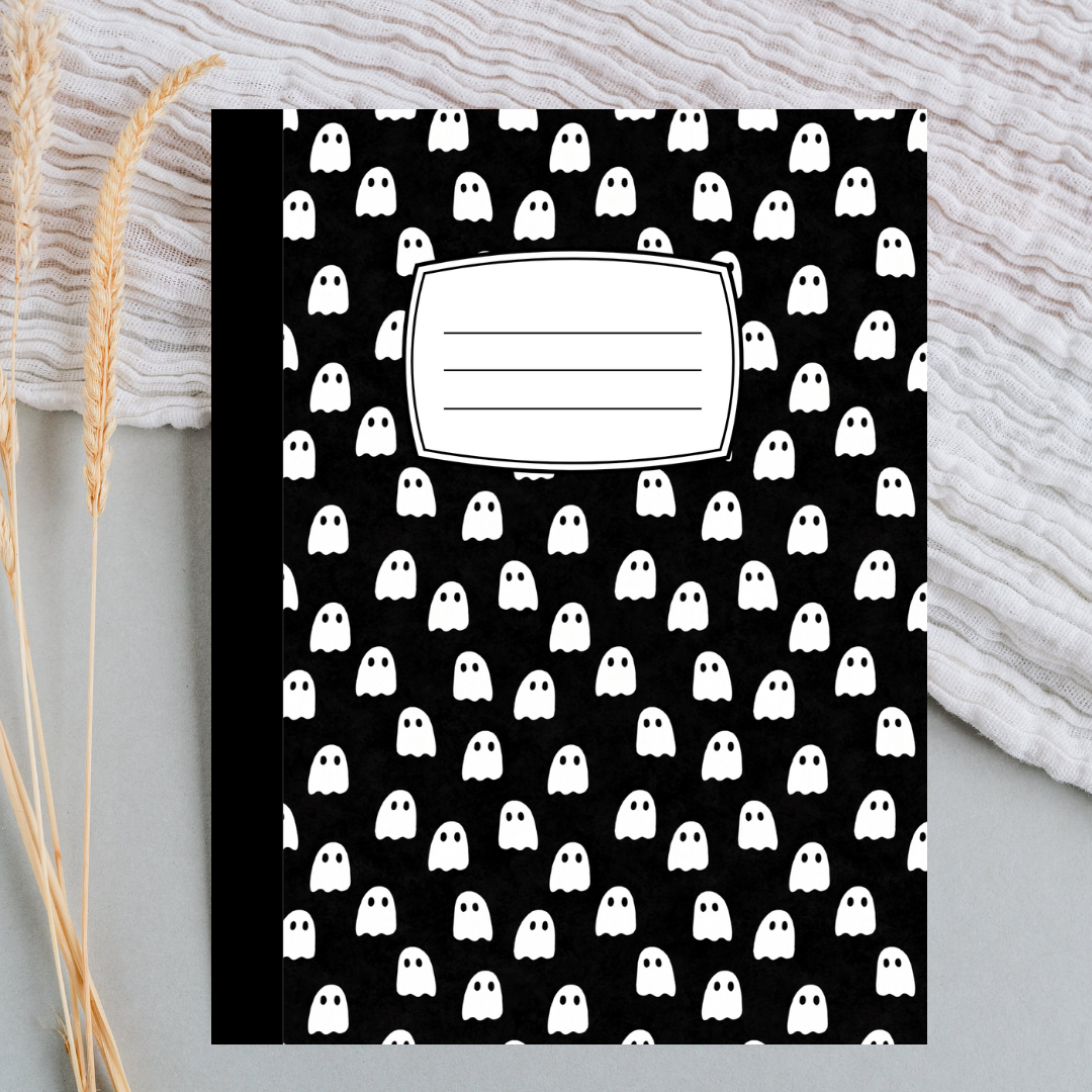 Halloween Composition Notebook with Matching Bookmark | Ghosts, Witches, Candy Corn | Spooky Stationery Gift