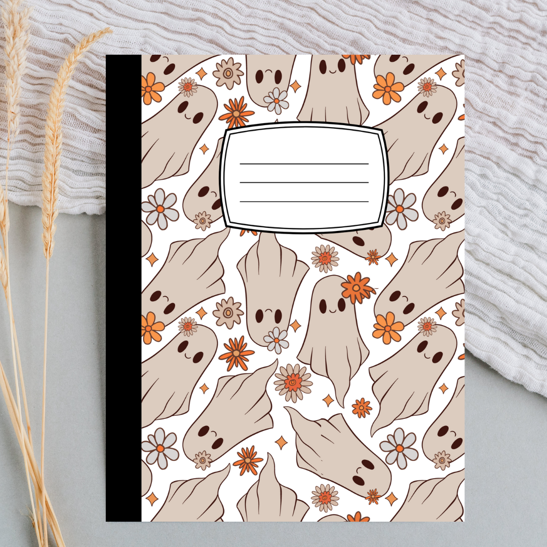 Halloween Composition Notebook with Matching Bookmark | Ghosts, Witches, Candy Corn | Spooky Stationery Gift
