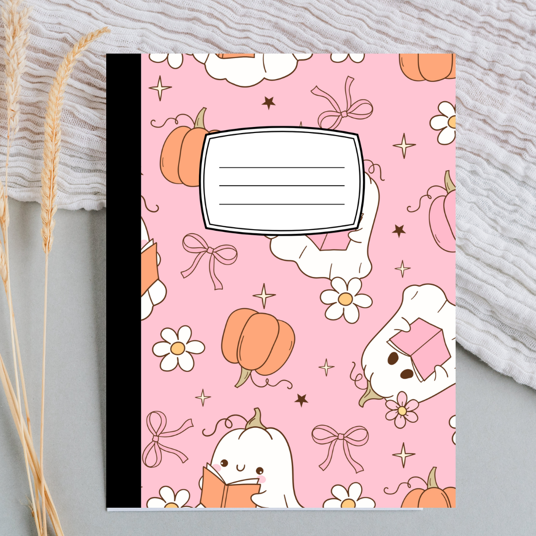 Halloween Composition Notebook with Matching Bookmark | Ghosts, Witches, Candy Corn | Spooky Stationery Gift