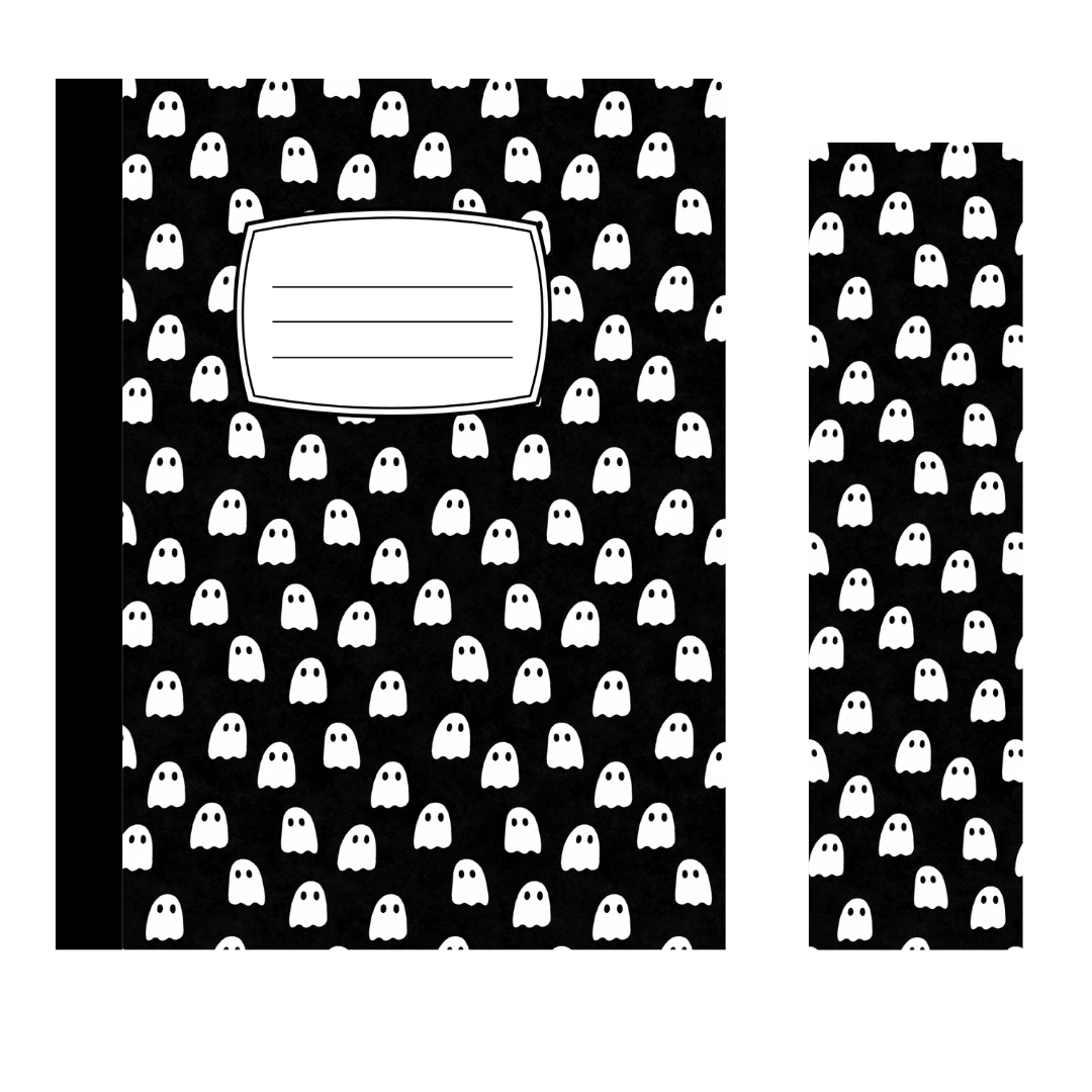 Halloween Composition Notebook with Matching Bookmark | Ghosts, Witches, Candy Corn | Spooky Stationery Gift