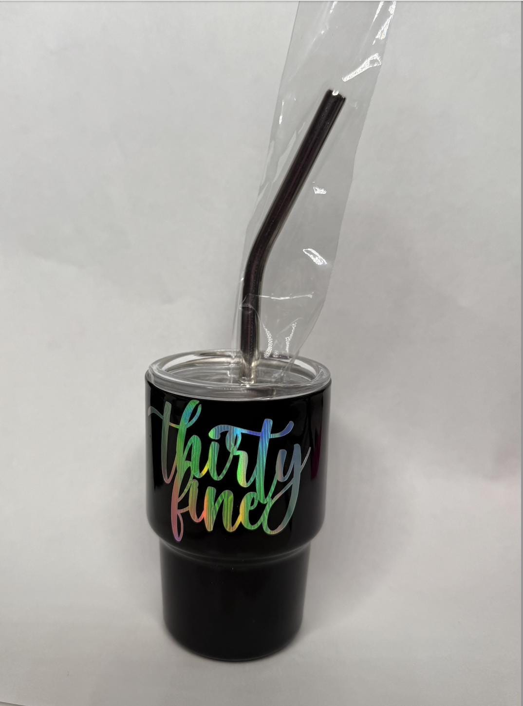 Thirty Fine Black Shot Tumbler – Holographic Text – 30th Birthday Gift – Small Party Favor – Milestone Birthday Drinkware