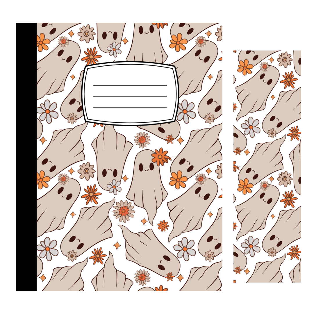 Halloween Composition Notebook with Matching Bookmark | Ghosts, Witches, Candy Corn | Spooky Stationery Gift
