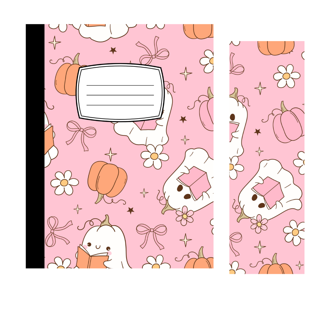 Halloween Composition Notebook with Matching Bookmark | Ghosts, Witches, Candy Corn | Spooky Stationery Gift