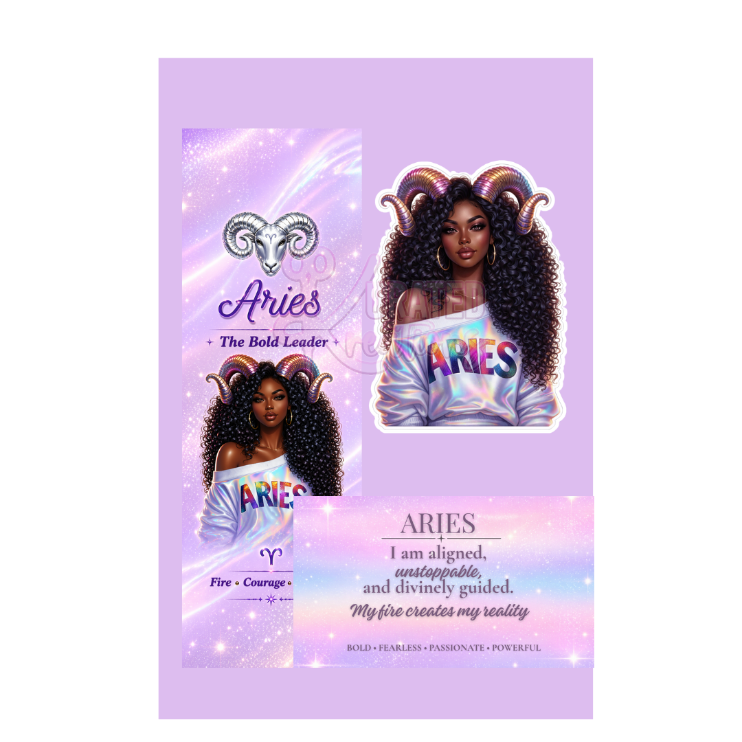 Aries Goddess Bookmark Set | Black Girl Magic Zodiac Gift | Pastel Luxe Astrology Bundle | Affirmation Card + Sticker | Aries Gift for Her