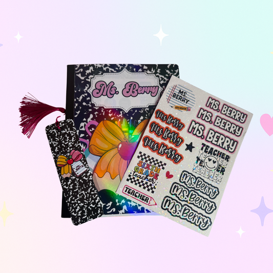 Personalized Back to School Bundle – Custom Composition Notebook, Bookmark & 6x8 Sticker Sheet | Student Gift Set, School Supplies