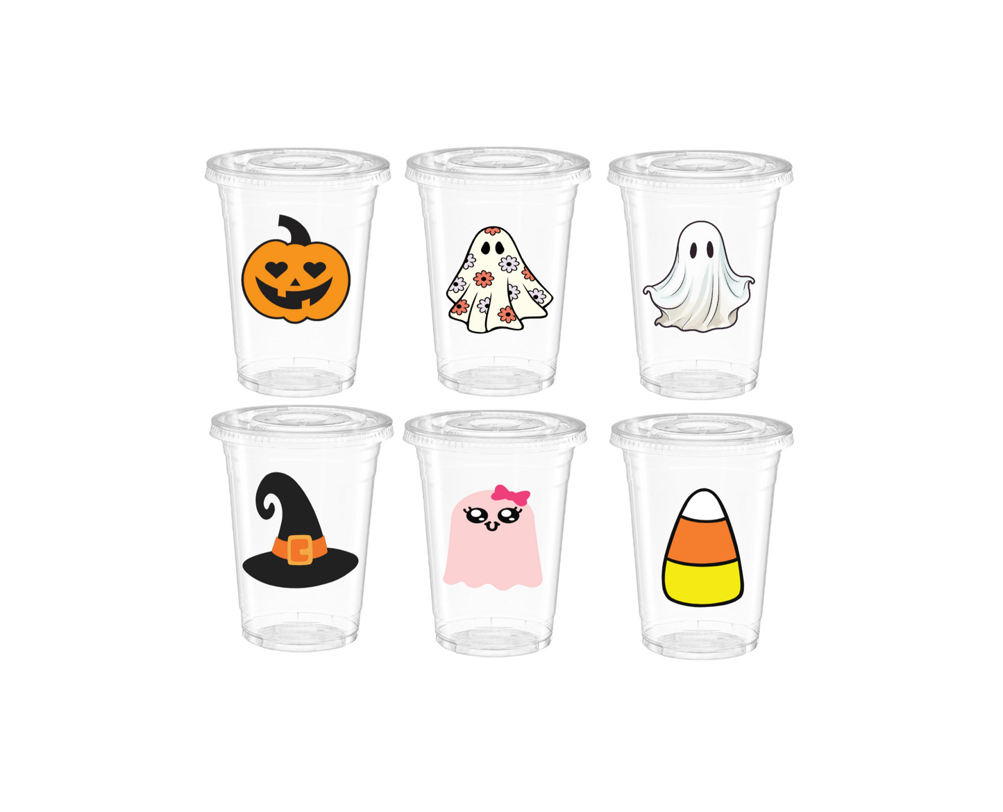 Halloween 16 oz Disposable Cups with Straws – Ghost, Witch Hat & Candy Corn Designs