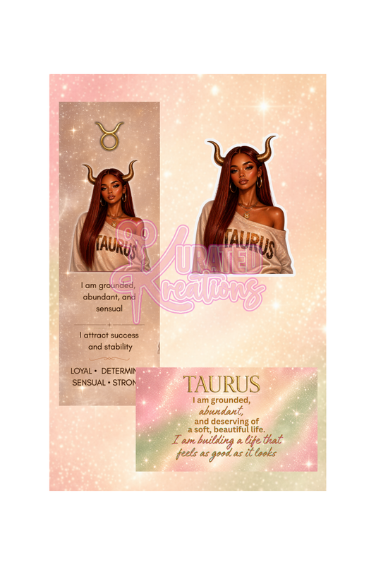 Taurus Bookmark, Affirmation Card & 2x2 Sticker Set | Soft Girl Zodiac Aesthetic | Taurus Gift Bundle
